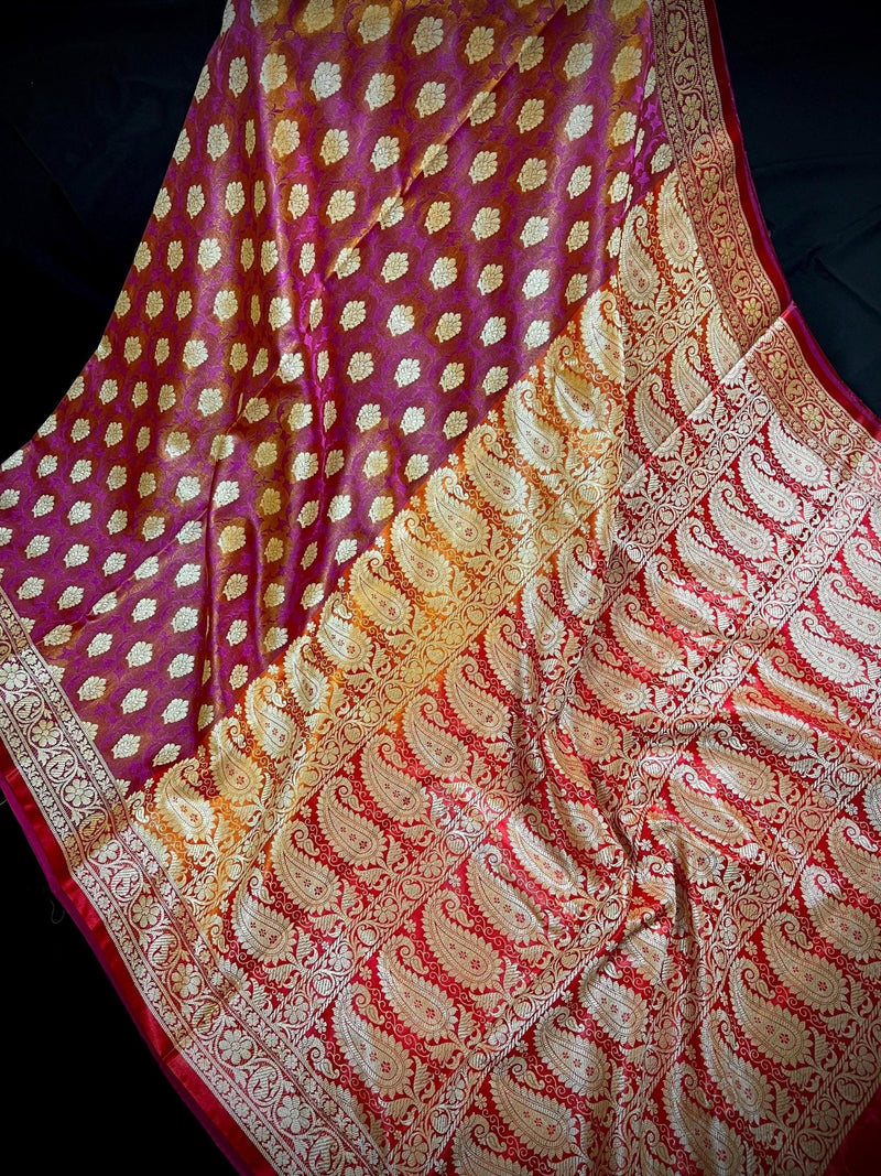 Copper Pink with Red Borders Banarasi saree in banarasi tanchoi silk with tanchoi half-and-half with buttis — Kaash Collection