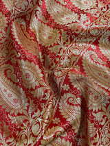 Statement Copper Pink Dual Shade with Red borders Banarasi Tanchoi Silk Handloom Saree | Zari Weaving with Motifs - Kaash