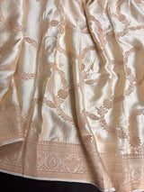 Silk Mark Certified Creamy Gold Pure Banarasi Satin saree in pure banarasi satin silk with handwoven gold zari with tanchoi & meenakari — Kaash Collection