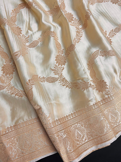 Silk Mark Certified Creamy Gold Pure Banarasi Satin saree in pure banarasi satin silk with handwoven gold zari with tanchoi & meenakari — Kaash Collection