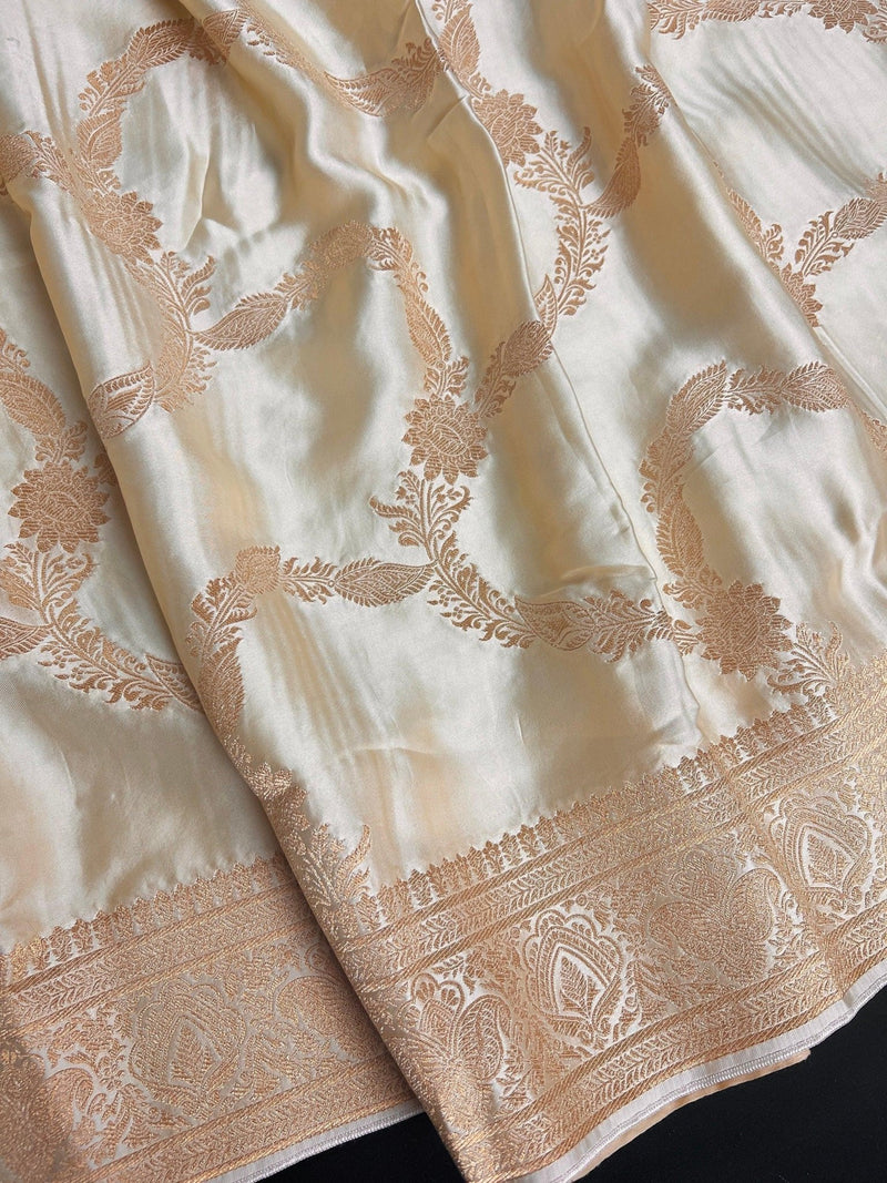 Silk Mark Certified Creamy Gold Pure Banarasi Satin saree in pure banarasi satin silk with handwoven gold zari with tanchoi & meenakari — Kaash Collection
