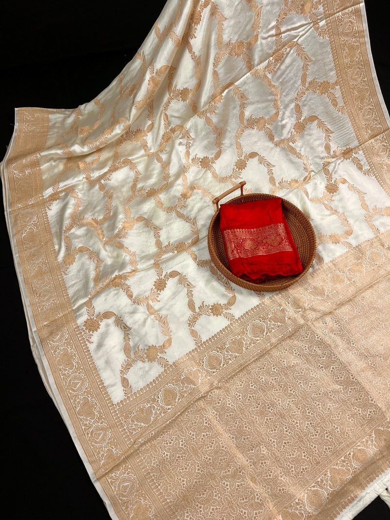 Statement Creamy Gold Color with Red Blouse Pure Banarasi Satin Silk Saree with Handwoven Gold Zari Weaved Saree - Silk Mark Certified - Kaash