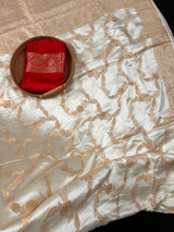 Statement Creamy Gold Color with Red Blouse Pure Banarasi Satin Silk Saree with Handwoven Gold Zari Weaved Saree - Silk Mark Certified - Kaash