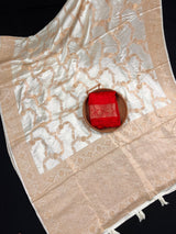 Statement Creamy Gold Color with Red Blouse Pure Banarasi Satin Silk Saree with Handwoven Gold Zari Weaved Saree - Silk Mark Certified - Kaash