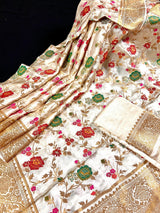 Creamy White with Tint of Gold Banarasi saree in pure banarasi satin with handwoven tanchoi with multi-color floral meenakari jaal — Kaash Collection