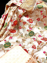 Creamy White with Tint of Gold Banarasi saree in pure banarasi satin with handwoven tanchoi with multi-color floral meenakari jaal — Kaash Collection