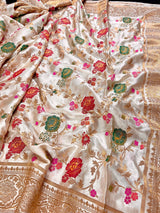 Creamy White with Tint of Gold Banarasi saree in pure banarasi satin with handwoven tanchoi with multi-color floral meenakari jaal — Kaash Collection