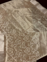 Deep Champagne Banarasi Tissue saree in banarasi tissue silk with intricate floral embroidery on tissue silk — Kaash Collection