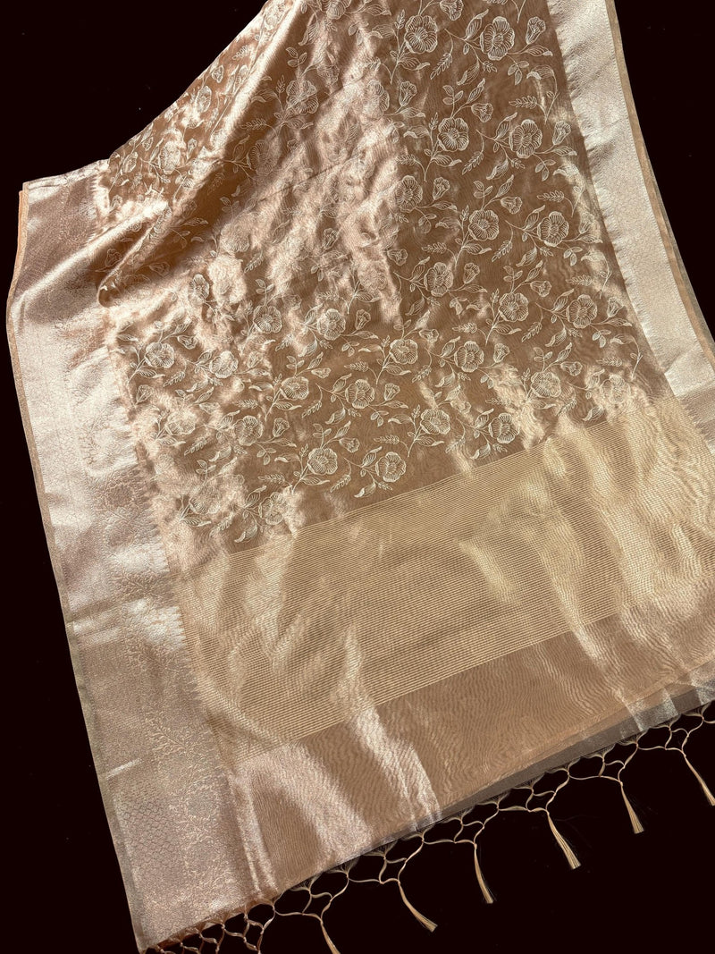 Deep Champagne Banarasi Tissue saree in banarasi tissue silk with intricate floral embroidery on tissue silk — Kaash Collection