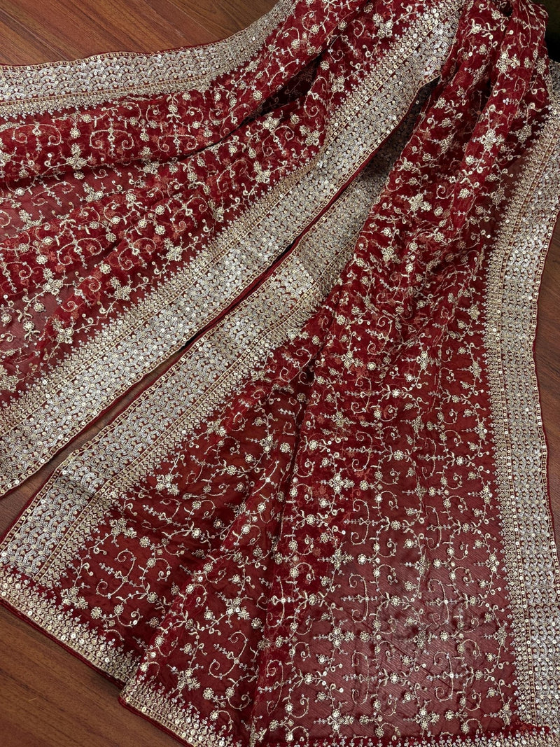 Deep Maroon soft organza silk dupatta with muted gold zari, embroidery & sequin jaal — Kaash Collection