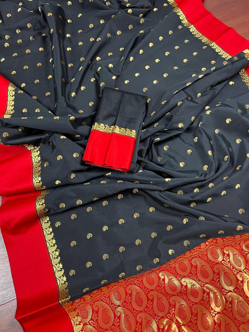 Statement Designer Black with red color Border and Pallu Saree - Kaash