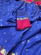 Blue with Magenta Pink Banarasi saree in soft banarasi silk with small buttis with magenta pink border — Kaash Collection
