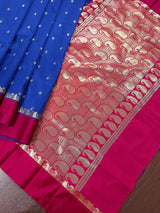 Blue with Magenta Pink Banarasi saree in soft banarasi silk with small buttis with magenta pink border — Kaash Collection