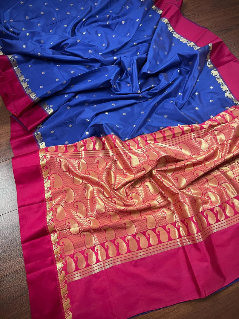 Blue with Magenta Pink Banarasi saree in soft banarasi silk with small buttis with magenta pink border — Kaash Collection
