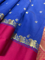 Blue with Magenta Pink Banarasi saree in soft banarasi silk with small buttis with magenta pink border — Kaash Collection