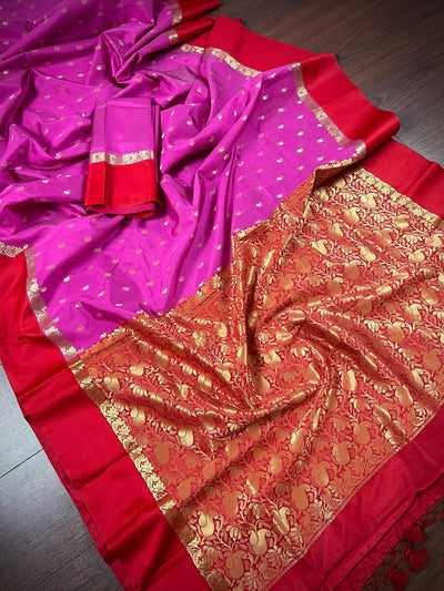 Pink with Red Border Banarasi saree in soft banarasi silk with small buttis with red border & ambi zari pallu — Kaash Collection