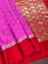 Pink with Red Border Banarasi saree in soft banarasi silk with small buttis with red border & ambi zari pallu — Kaash Collection