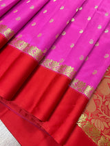 Pink with Red Border Banarasi saree in soft banarasi silk with small buttis with red border & ambi zari pallu — Kaash Collection