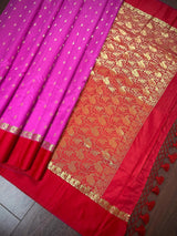 Pink with Red Border Banarasi saree in soft banarasi silk with small buttis with red border & ambi zari pallu — Kaash Collection