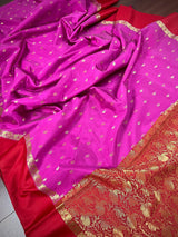 Pink with Red Border Banarasi saree in soft banarasi silk with small buttis with red border & ambi zari pallu — Kaash Collection