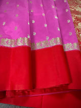 Pink with Red Border Banarasi saree in soft banarasi silk with small buttis with red border & ambi zari pallu — Kaash Collection