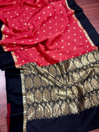 Red Banarasi Soft with Black Border saree in banarasi soft silk with buttis with plain black border & ambi pallu — Kaash Collection
