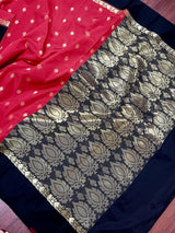 Red Banarasi Soft with Black Border saree in banarasi soft silk with buttis with plain black border & ambi pallu — Kaash Collection