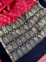 Red Banarasi Soft with Black Border saree in banarasi soft silk with buttis with plain black border & ambi pallu — Kaash Collection