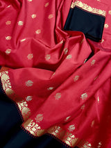 Red Banarasi Soft with Black Border saree in banarasi soft silk with buttis with plain black border & ambi pallu — Kaash Collection