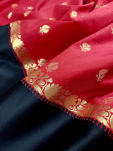 Red Banarasi Soft with Black Border saree in banarasi soft silk with buttis with plain black border & ambi pallu — Kaash Collection