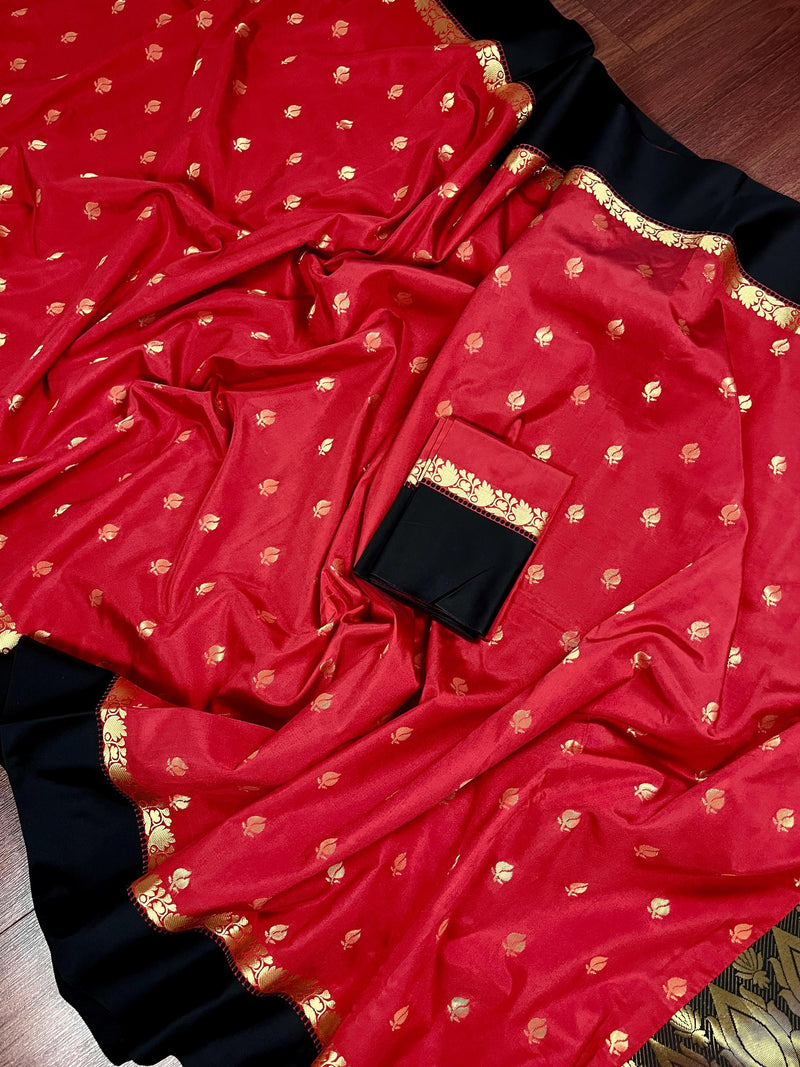 Statement Designer Red Color Saree with Black Border and Pallu | Satin Border | Banarasi Silk Saree | Soft Silk Saree - Kaash