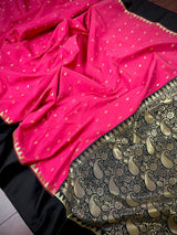 Tomato Pink Banarasi Soft with Black Border saree in banarasi soft silk with buttis with plain black border & ambi pallu — Kaash Collection