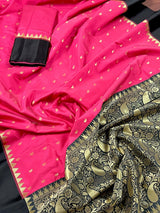 Tomato Pink Banarasi Soft with Black Border saree in banarasi soft silk with buttis with plain black border & ambi pallu — Kaash Collection