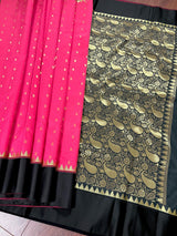 Tomato Pink Banarasi Soft with Black Border saree in banarasi soft silk with buttis with plain black border & ambi pallu — Kaash Collection
