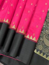 Tomato Pink Banarasi Soft with Black Border saree in banarasi soft silk with buttis with plain black border & ambi pallu — Kaash Collection