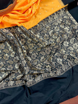 Yellow with Black Border Banarasi saree in soft banarasi silk with small buttis with black satin borders — Kaash Collection