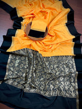 Yellow with Black Border Banarasi saree in soft banarasi silk with small buttis with black satin borders — Kaash Collection