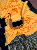 Yellow with Black Border Banarasi saree in soft banarasi silk with small buttis with black satin borders — Kaash Collection