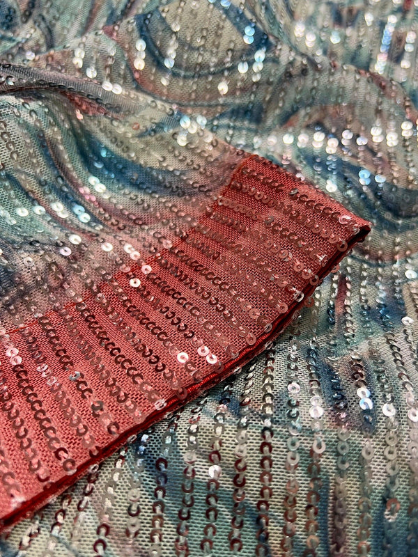 Statement Digital Printed Sequin Saree in Multi- Color with Coral Borders | Party Wear Sequence Saree in USA | Kaash Collection Sarees - Kaash