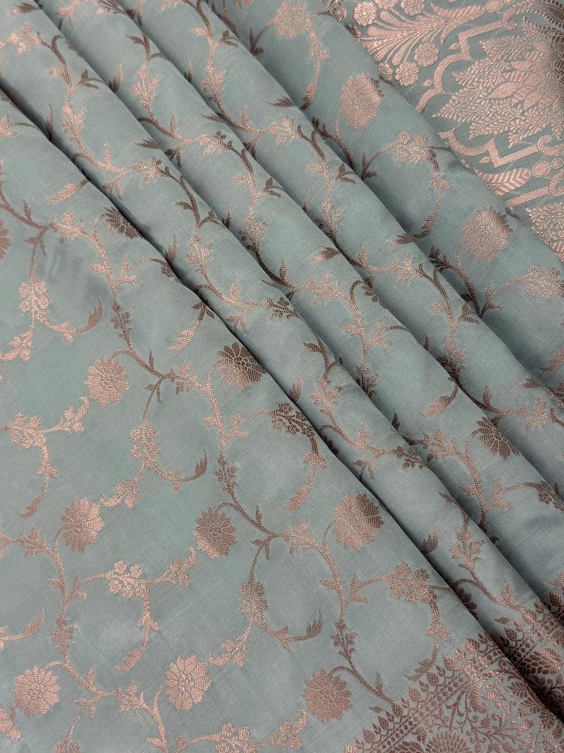 Statement Dull Dusty Blue Color Banarasi Semi Katan Silk Saree - Kaash