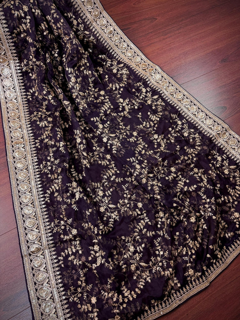 Eggplant Purple soft organza silk dupatta with muted gold zari, embroidery & sequins — Kaash Collection