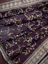 Eggplant Purple soft organza silk dupatta with muted gold zari, embroidery & sequins — Kaash Collection
