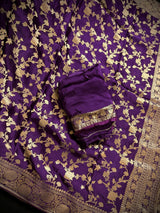 Statement Eggplant Purple pure banarasi satin crepe silk saree with gold zari jaal with meenakari & tanchoi — Kaash Collection