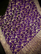 Statement Eggplant Purple pure banarasi satin crepe silk saree with gold zari jaal with meenakari & tanchoi — Kaash Collection