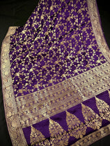 Statement Eggplant Purple pure banarasi satin crepe silk saree with gold zari jaal with meenakari & tanchoi — Kaash Collection