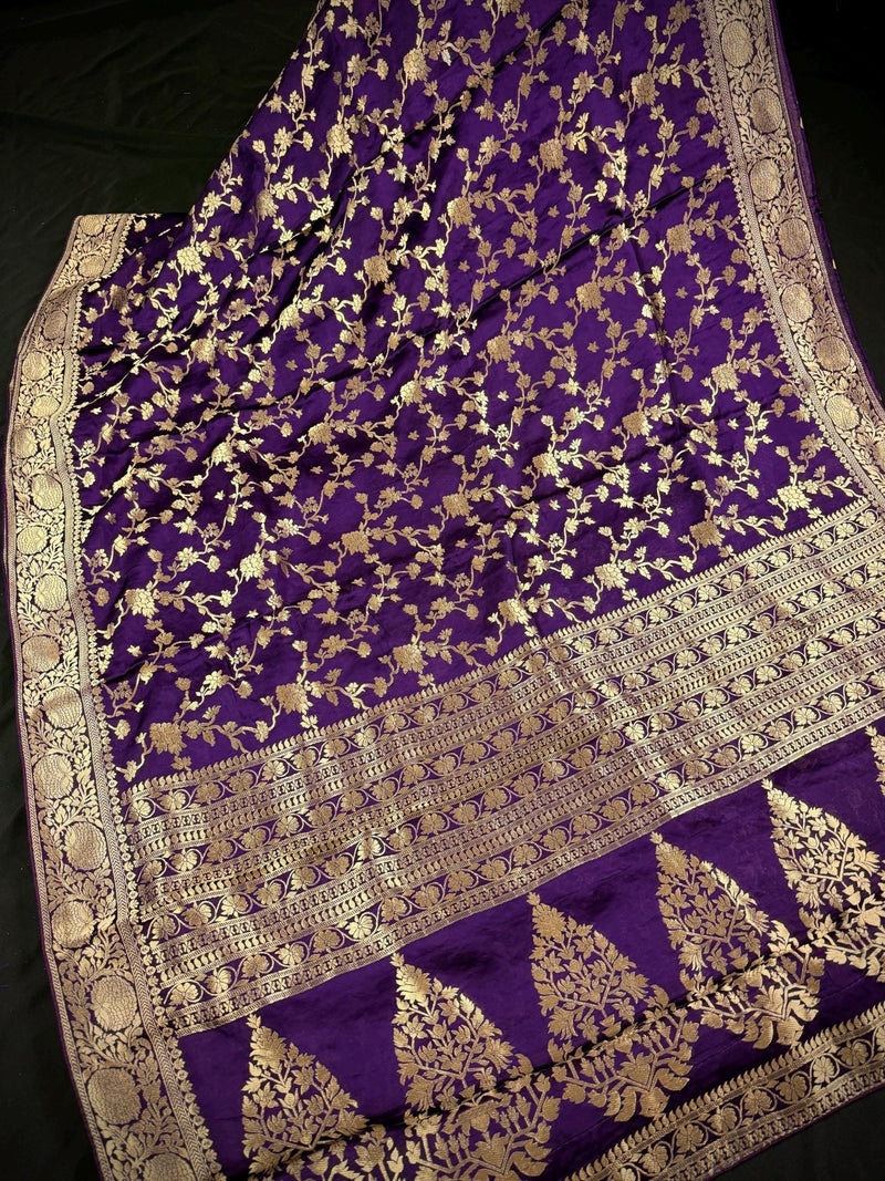Statement Eggplant Purple pure banarasi satin crepe silk saree with gold zari jaal with meenakari & tanchoi — Kaash Collection