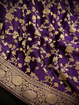Statement Eggplant Purple pure banarasi satin crepe silk saree with gold zari jaal with meenakari & tanchoi — Kaash Collection