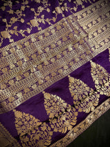 Statement Eggplant Purple pure banarasi satin crepe silk saree with gold zari jaal with meenakari & tanchoi — Kaash Collection