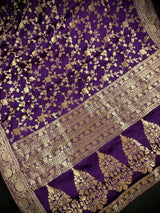 Statement Eggplant Purple pure banarasi satin crepe silk saree with gold zari jaal with meenakari & tanchoi — Kaash Collection