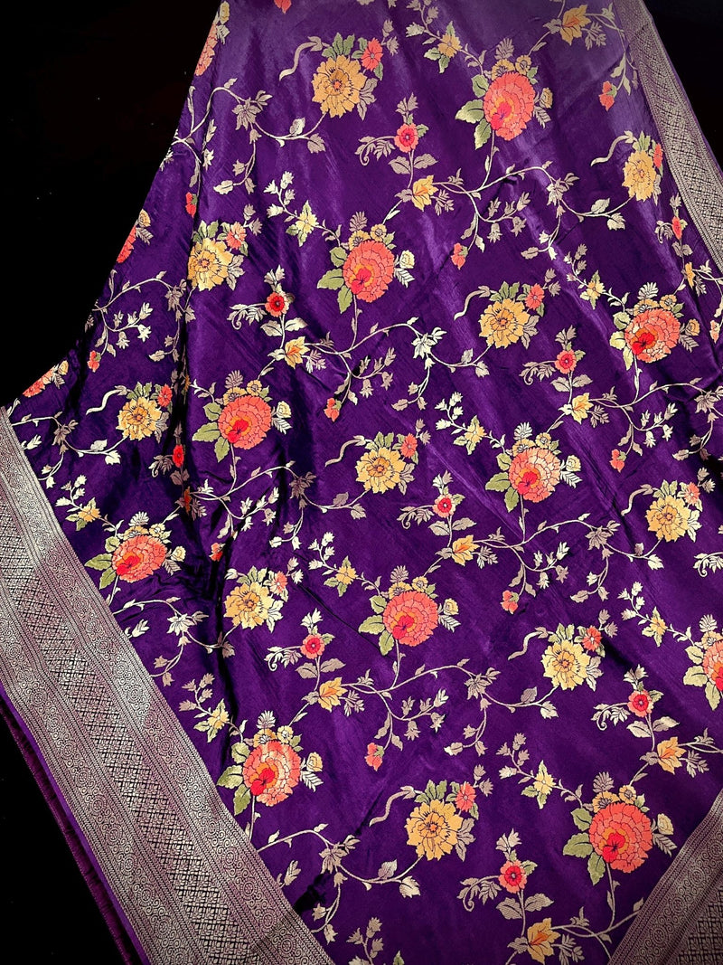 Statement Floral Jaal Saree in Purple Color in Pure Satin Silk - Handwoven Saree = Silk Mark Certified - Kaash